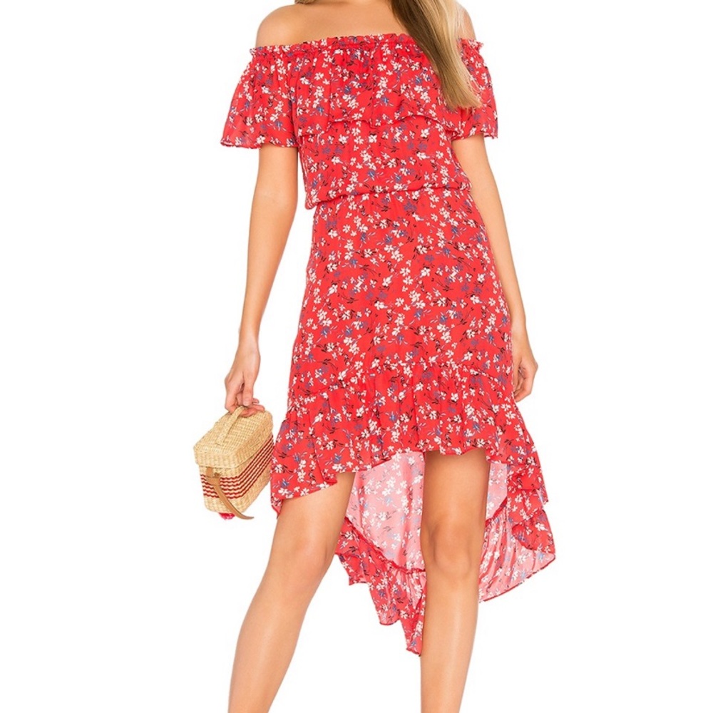 Red floral print off shoulder dress